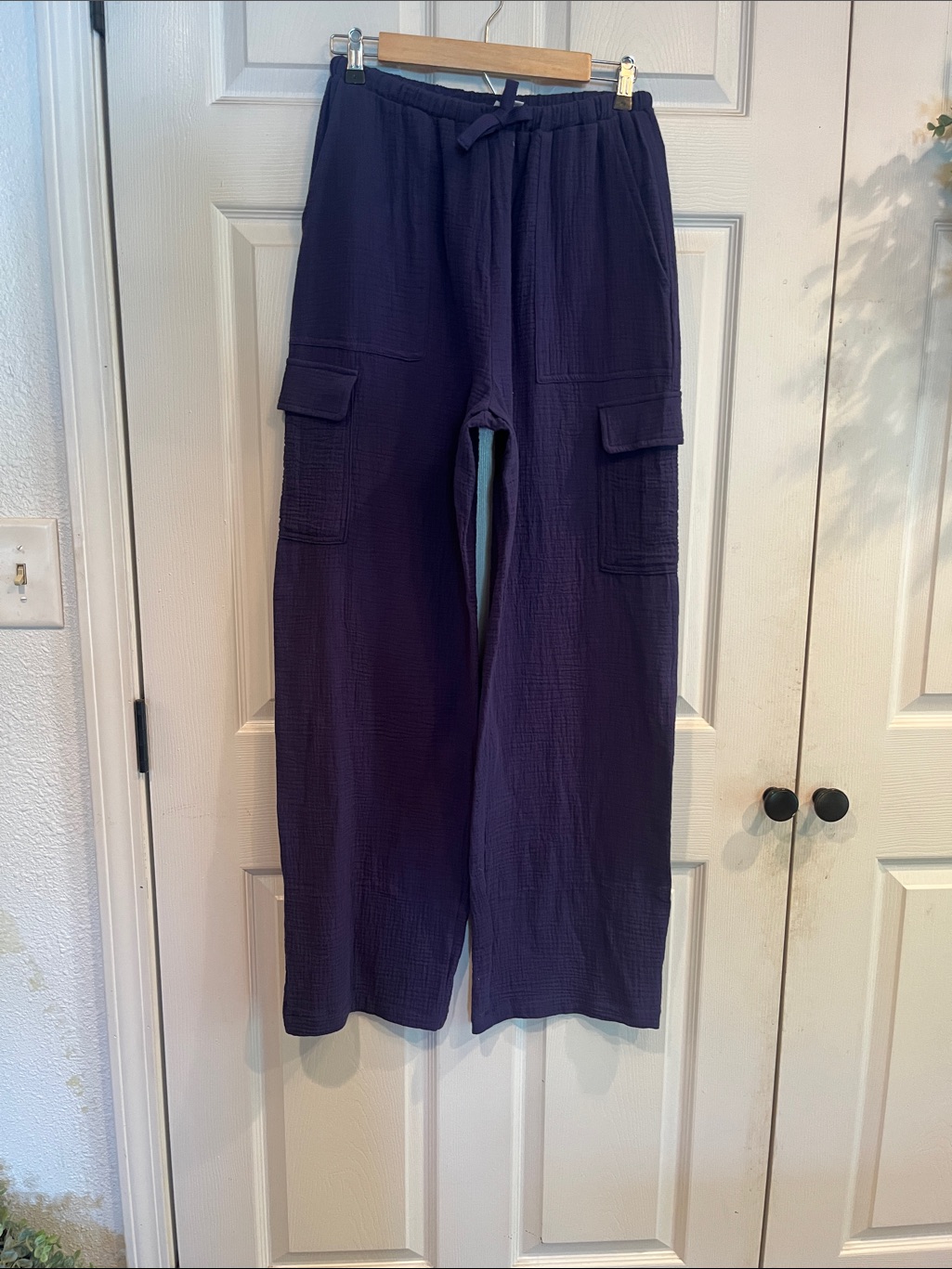 Women's Wide Leg Cargo Relaxed Pants In Blue- Casual Pull-On With Pockets